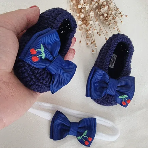 Conjunto Sapatinho e Faixa "Doce Cereja" - Azul Marinho