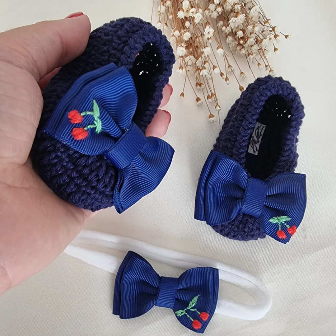 Conjunto Sapatinho e Faixa "Doce Cereja" - Azul Marinho