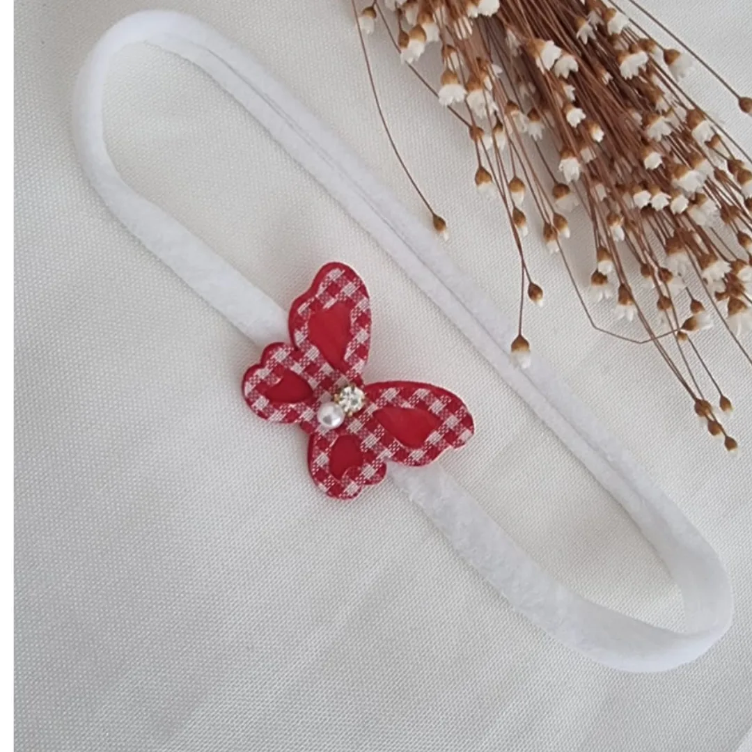 Faixa de Cabelo Borboleta Xadrez – Vermelho & Branco